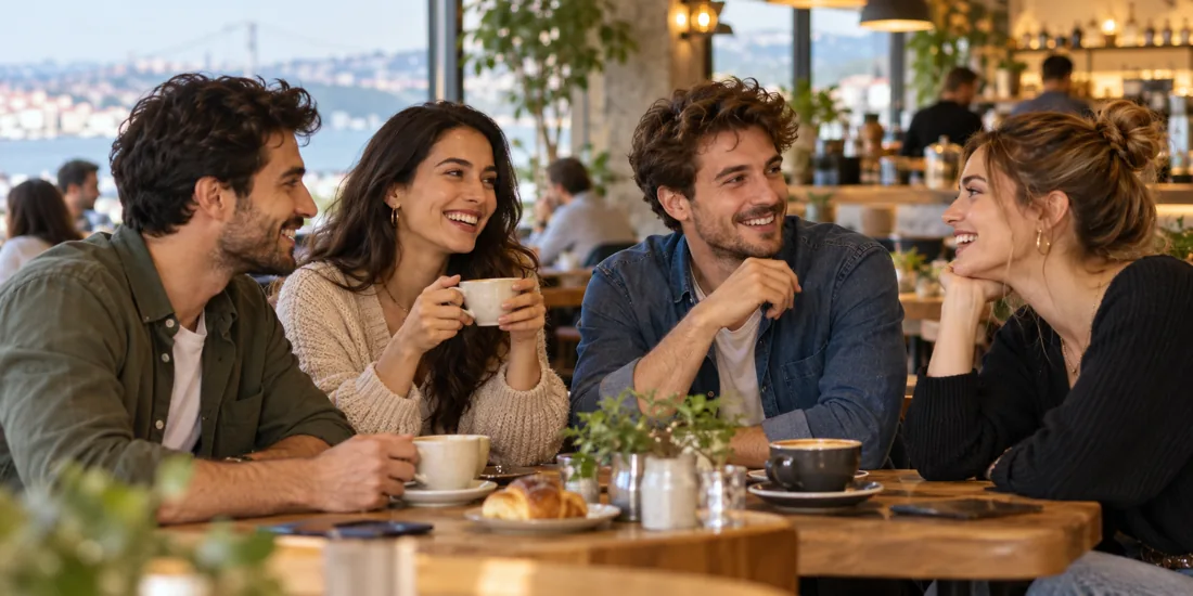 Kafede keyifli bir sohbet paylaşan arkadaşlar